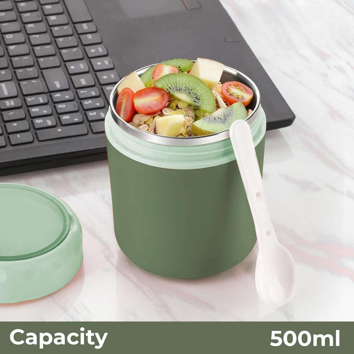 Noodles Bowl with Lid and Spoon-530ML | Stainless Steel Hot & Cold Insulated Food Storage Container | Leak-Proof Soup and Liquid Container | School, Picnic and Travel Salad Cup-1Pcs