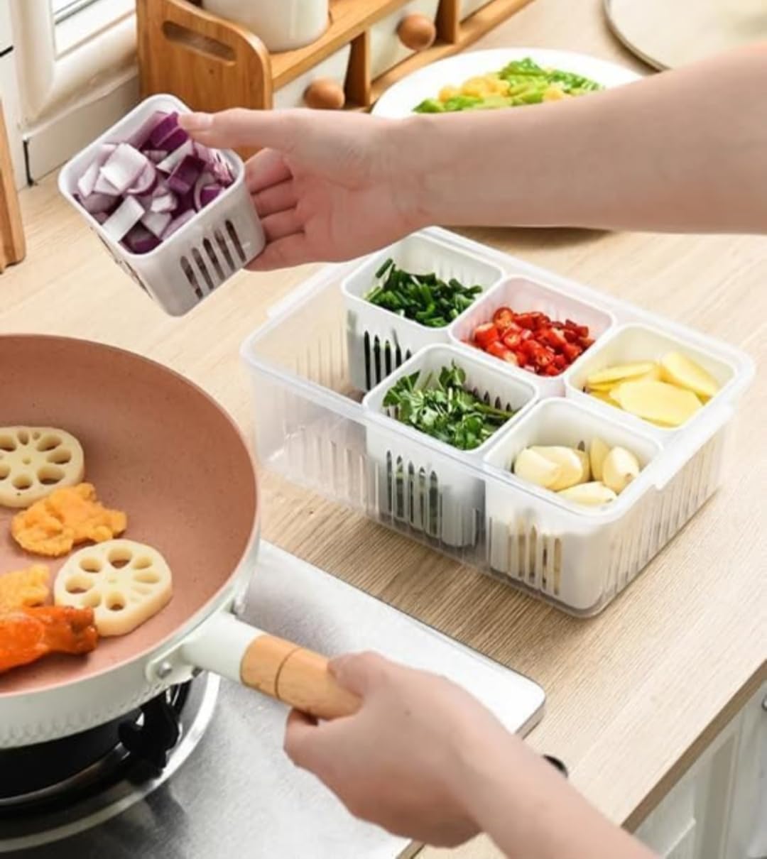 6-Compartment Refrigerator Storage Container with Lid, Stackable Produce Organiser Box for Vegetables and Fruits