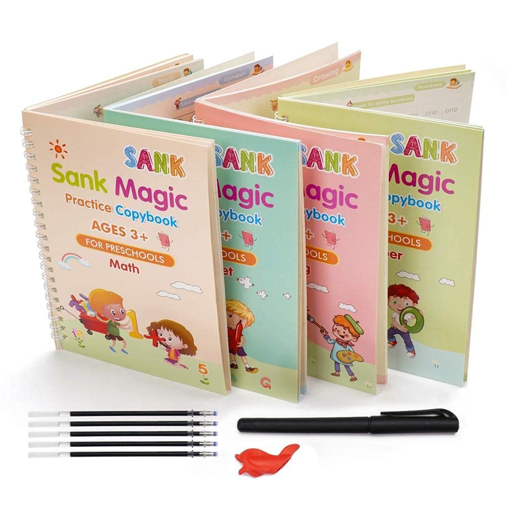 Magic Practice Copybook for Kids, Handwriting Workbook, Reusable Writing Practice Book for Preschools- Alphabet Number Math Drawing Groove Copybook | 4 Books with Pens, Refills