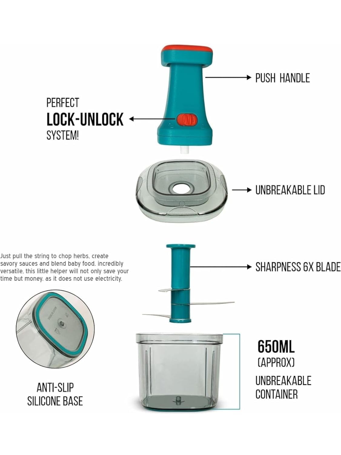 TLBS Hand Press Bingo Push Chopper with Lock & Unlock System, Mini Handy & Compact Chopper(900ML)