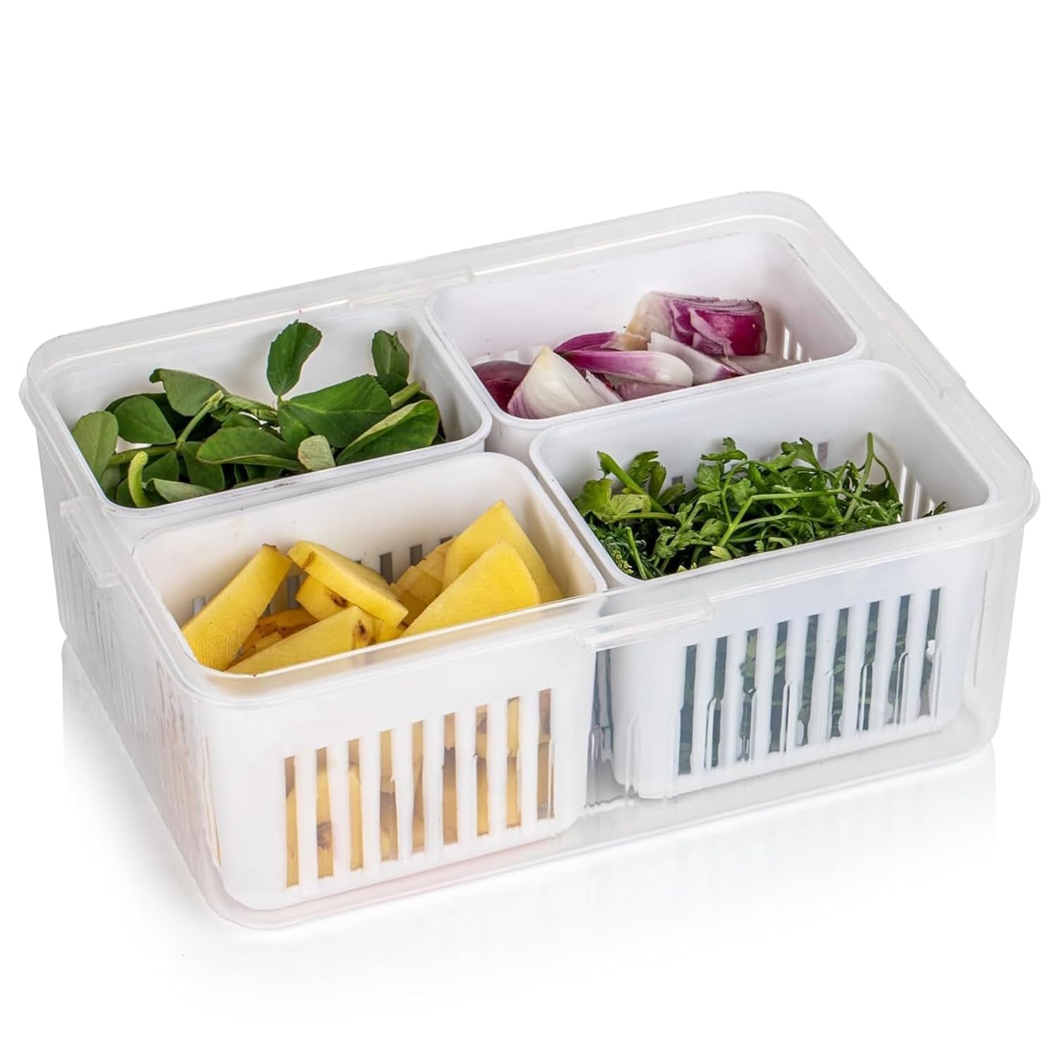 4-Grid Fridge Storage Organizer with Lid – Multi-Section Container for Spices, Vegetables, Fruits, Refrigerator Storage Box