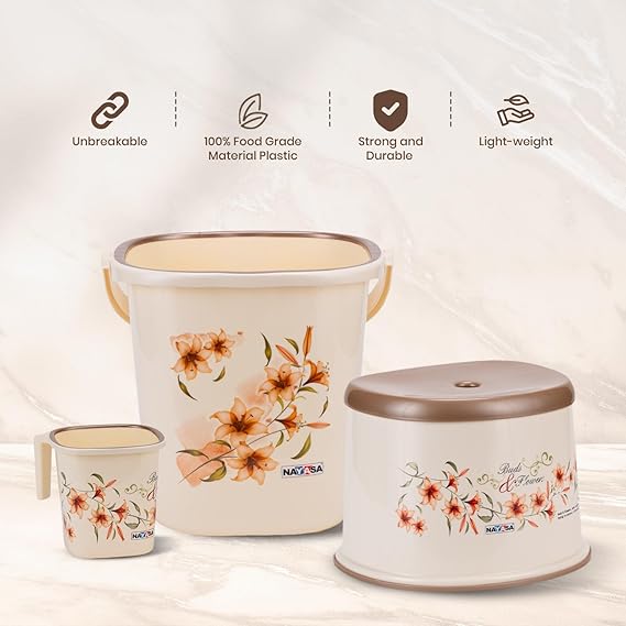 Rishabh Supper Flora Plastic Bathroom Set Big Bucket 25 Ltr, Mug 1.5 Ltr, Stool Multicolour Set 3 Piece