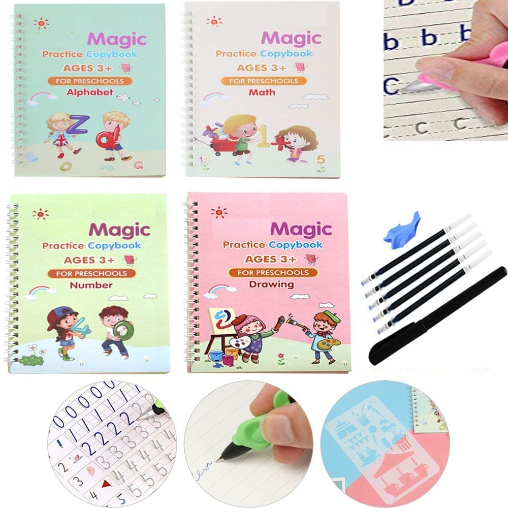 TLBS Magic Practice Copybook for Kids, Handwriting Workbook, Reusable Writing Practice Book for Preschools- Alphabet Number Math Drawing Groove Copybook | 4 Books with Pens, Refills