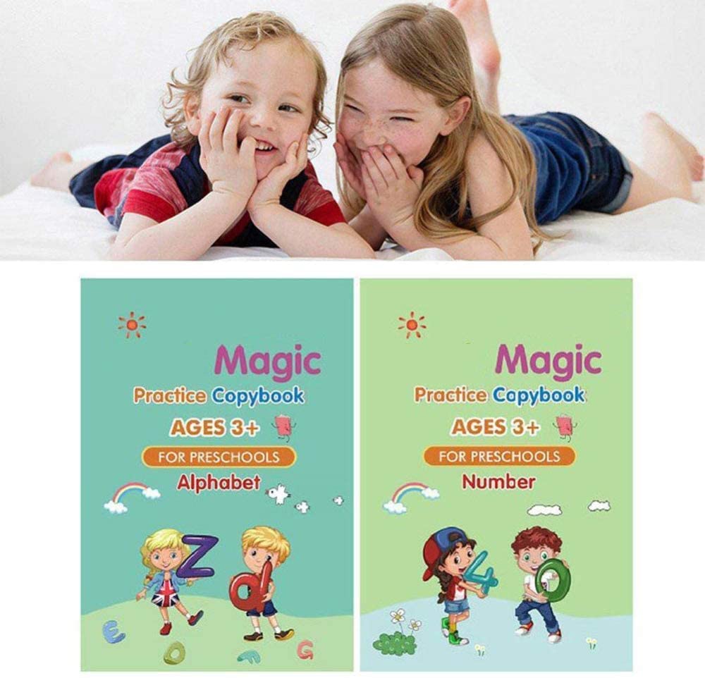 TLBS Magic Practice Copybook for Kids, Handwriting Workbook, Reusable Writing Practice Book for Preschools- Alphabet Number Math Drawing Groove Copybook | 4 Books with Pens, Refills