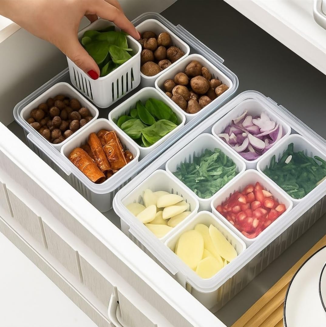 6-Compartment Refrigerator Storage Container with Lid, Stackable Produce Organiser Box for Vegetables and Fruits