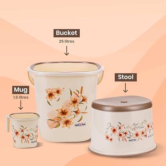 Rishabh Supper Flora Plastic Bathroom Set Big Bucket 25 Ltr, Mug 1.5 Ltr, Stool Multicolour Set 3 Piece