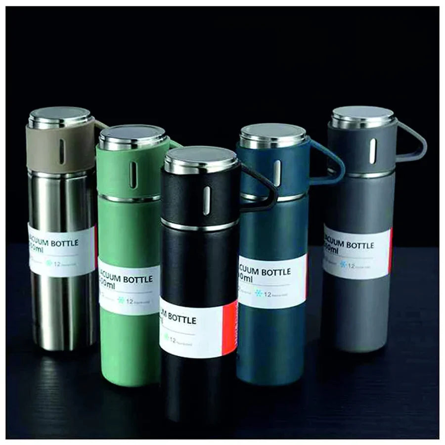 Stainless Steel Vacuum Flask Set with 3 Steel Cups Combo for Coffee Hot Drink and Cold Water Flask Ideal Gifting Travel Friendly Latest Flask Bottle. (Multi-Color)