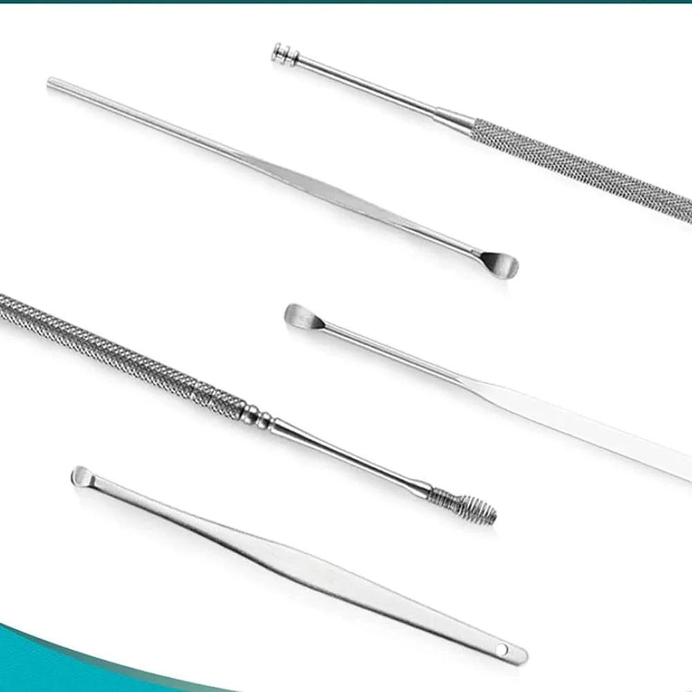 TLBS 6-in-1 Ear Wax Cleaner- Resuable Ear Cleaning Tools Leather Pouch - Ear Pick Wax Remover Tool Kit with Ear Curette Cleaner and Spring Ear Buds Cleaner Fit in Pocket Great for Traveling
