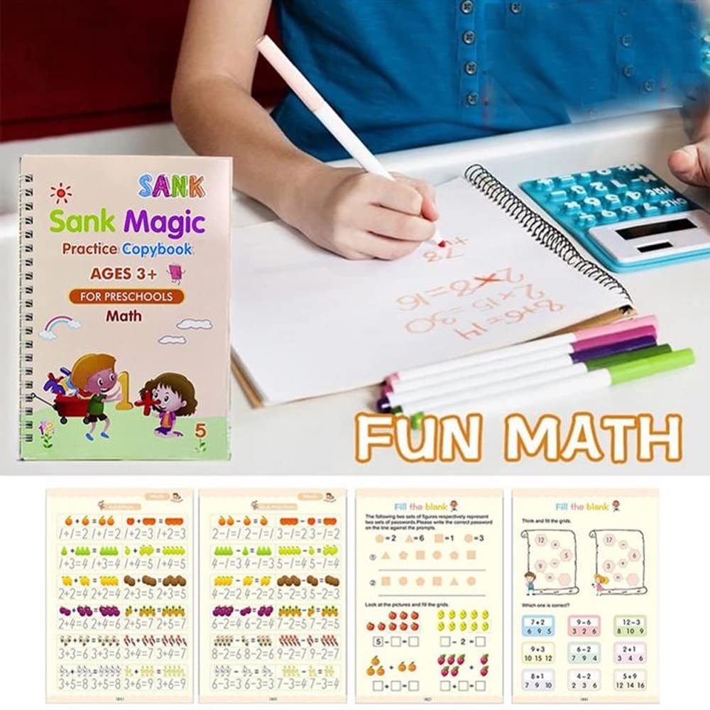 Magic Practice Copybook for Kids, Handwriting Workbook, Reusable Writing Practice Book for Preschools- Alphabet Number Math Drawing Groove Copybook | 4 Books with Pens, Refills