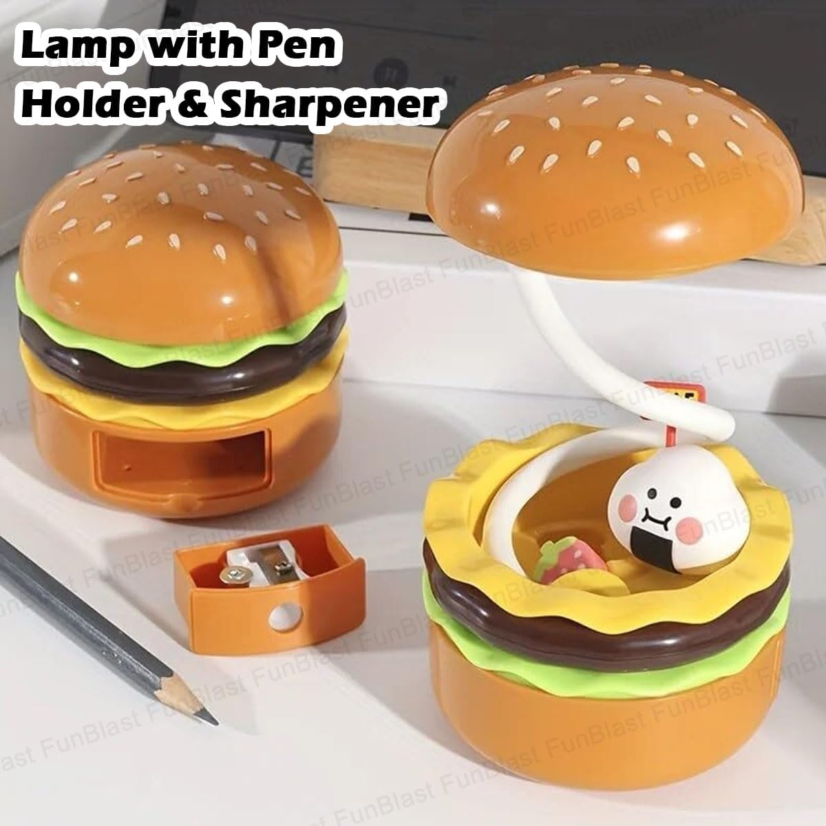 Table Lamp - Burger Design Desk Light For Kids & Adults, Rechargeable Desk Lamp With Pen Holder & Sharpener, Study Desk Light For Study Room/Home/Office (Aqua Green) - Plastic, Led