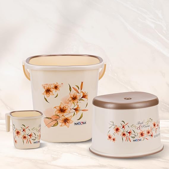 Rishabh Supper Flora Plastic Bathroom Set Big Bucket 25 Ltr, Mug 1.5 Ltr, Stool Multicolour Set 3 Piece
