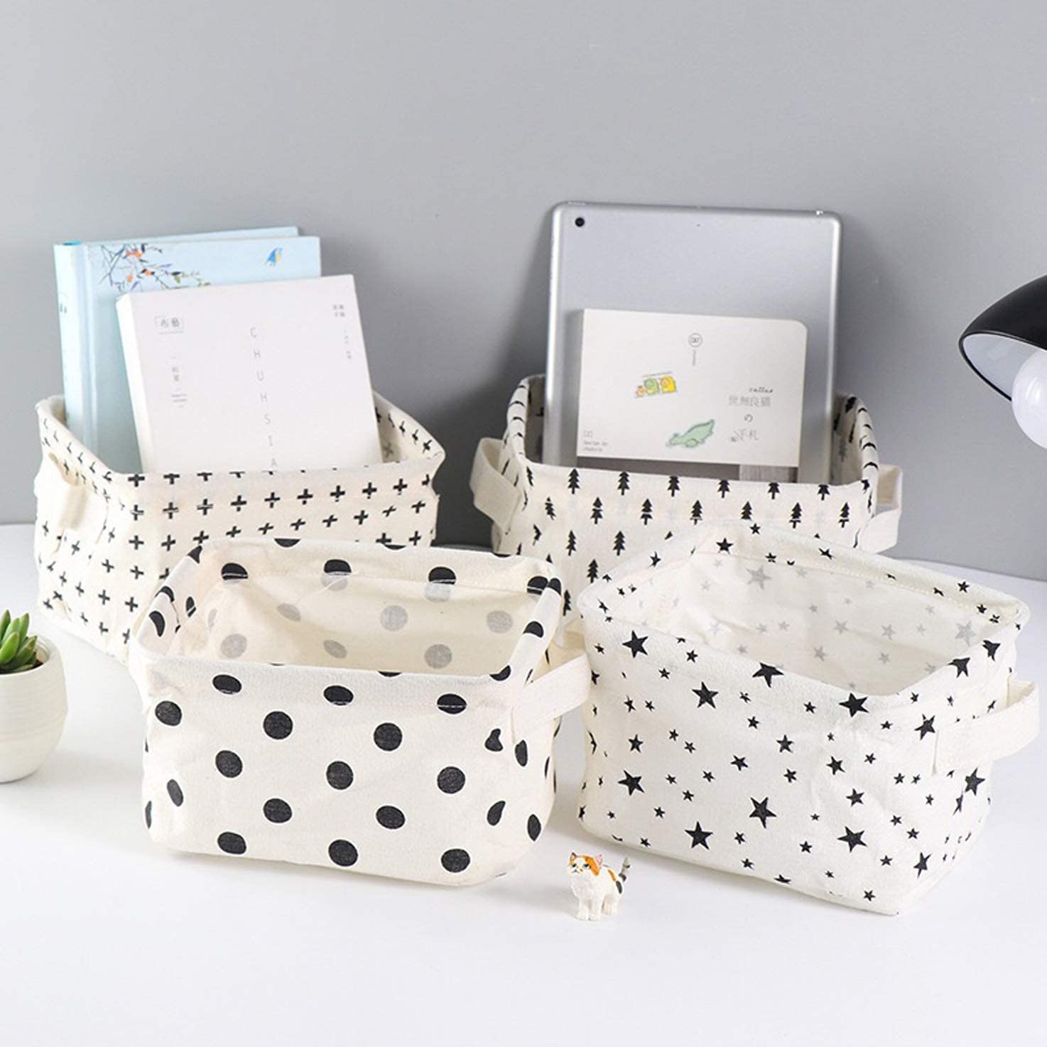 TLBS Canvas Fabric Foldable Mini Storage Basket - Small Collapsible Canvas Containers Organizers With Handle For Home-Multi Design 5 pcs