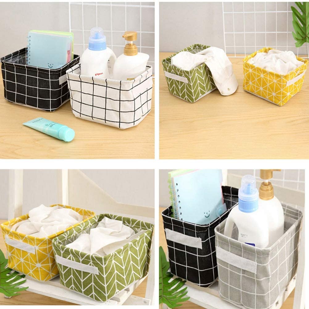 TLBS Canvas Fabric Foldable Mini Storage Basket - Small Collapsible Canvas Containers Organizers With Handle For Home-Multi Design 5 pcs