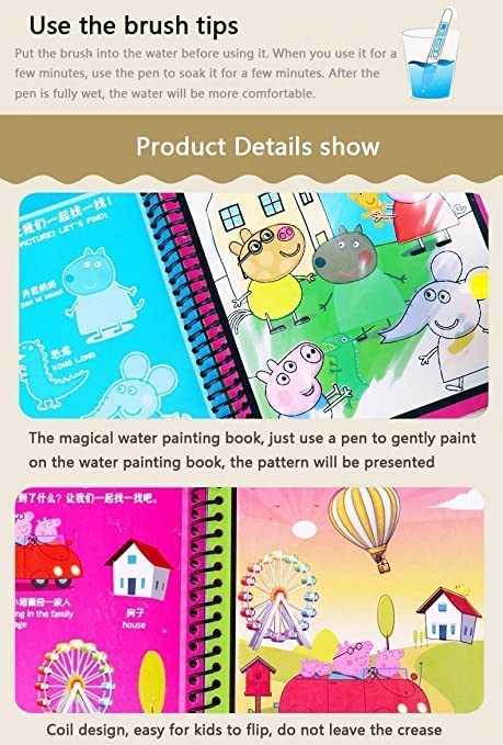TLBS Magic Water Quick Dry Book for Water Coloring with Magic Pen Painting Board for Children Education Drawing Pad (Random Design & Assorted Color)