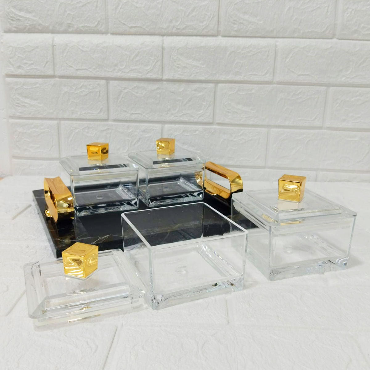 Rishabh Super Canopy Multipurpose Set - 4 Heavy Acrylic Containers with Black Marble Finish Tray