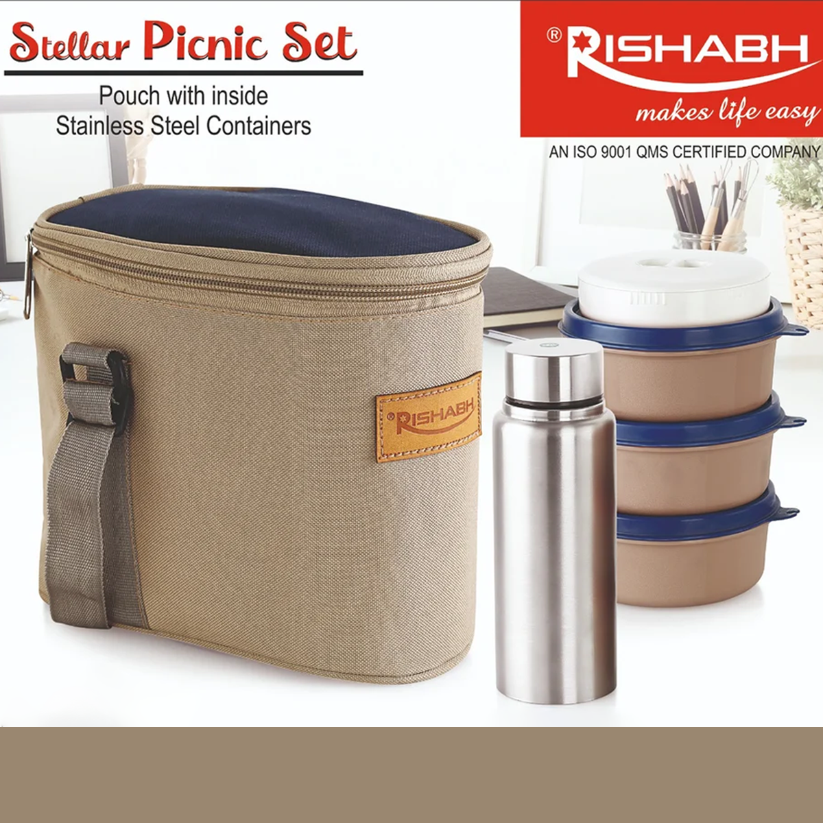 Rishabh Stellar Picnic Set Tiffin Box - Set of 3 container, 1 bottle and Jacket