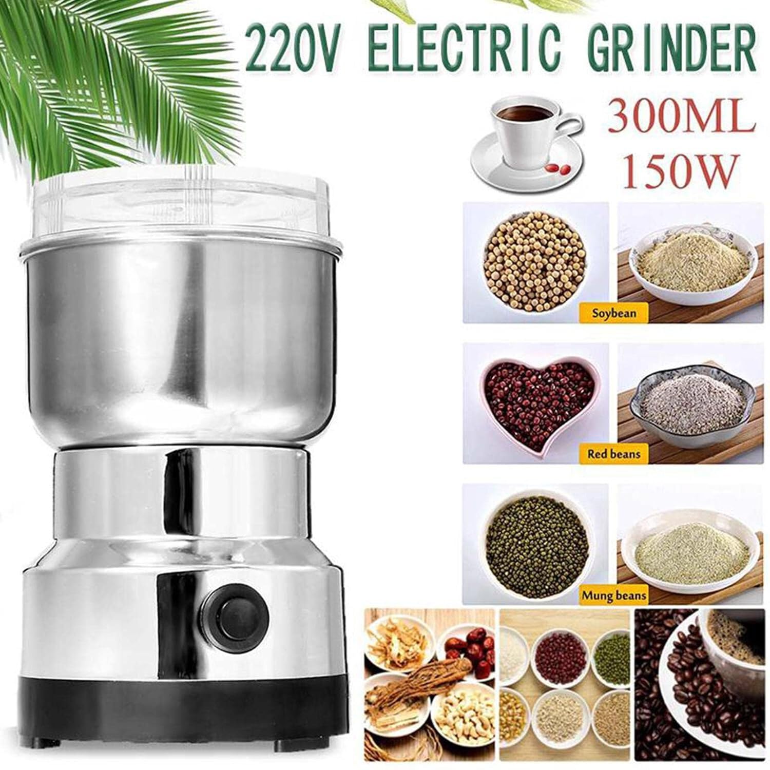 TLBS Mini Spice Coffee Grinder Electric Stainless Steel Fast Grinding Multifunction Smash Machine Dry Grain Mill Grinder for Spices Powder Seeds Rice Beans Seasonings