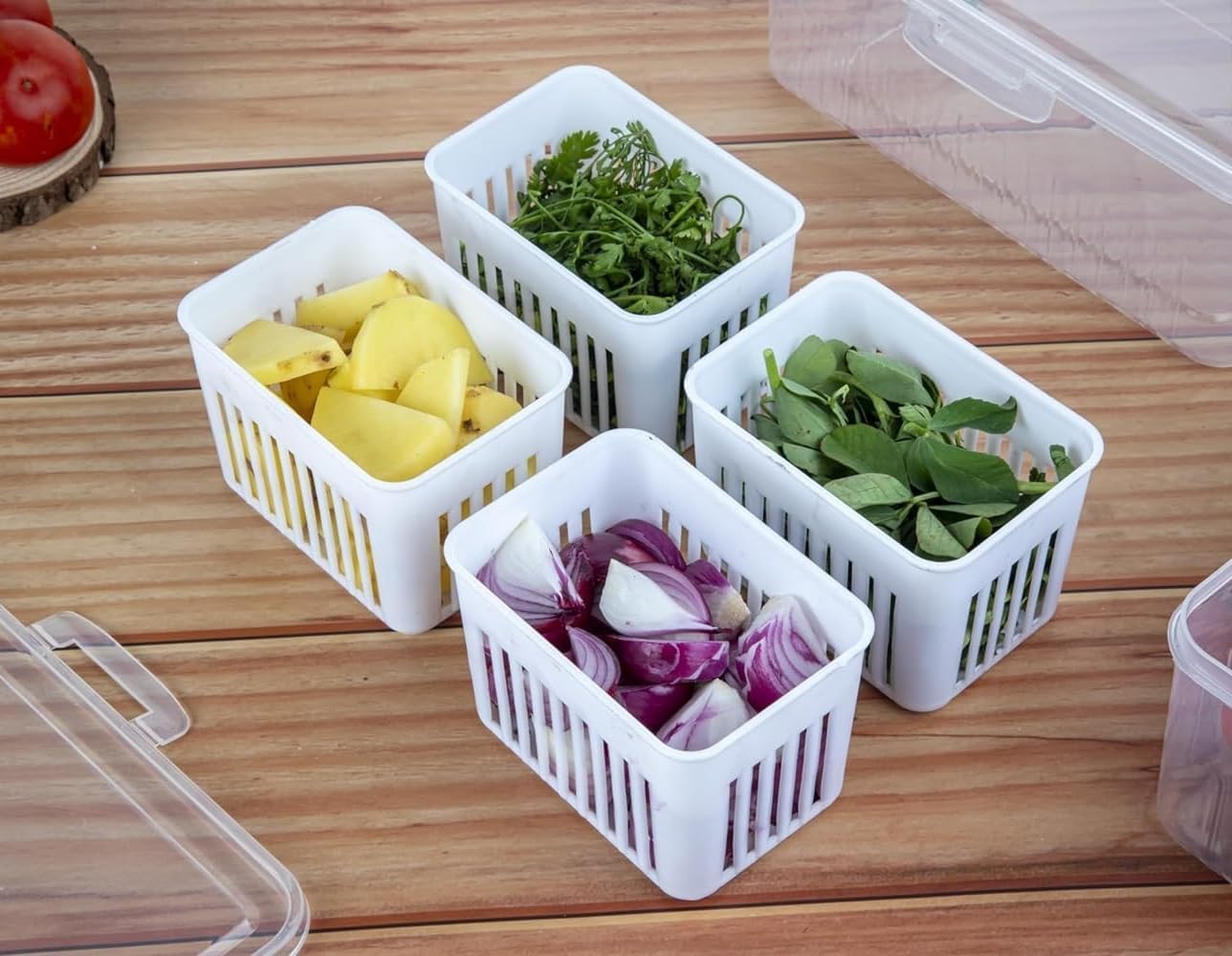 4-Grid Fridge Storage Organizer with Lid – Multi-Section Container for Spices, Vegetables, Fruits, Refrigerator Storage Box