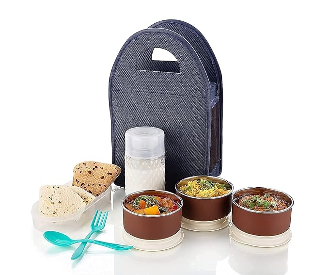 Lunch Box with Bag, Lunch Box Steel with 3 Air Tight & Leakage Proof Containers, 1 Caserolles Set with Plastic Bottle, Lunch Boxes for Office (BT+)