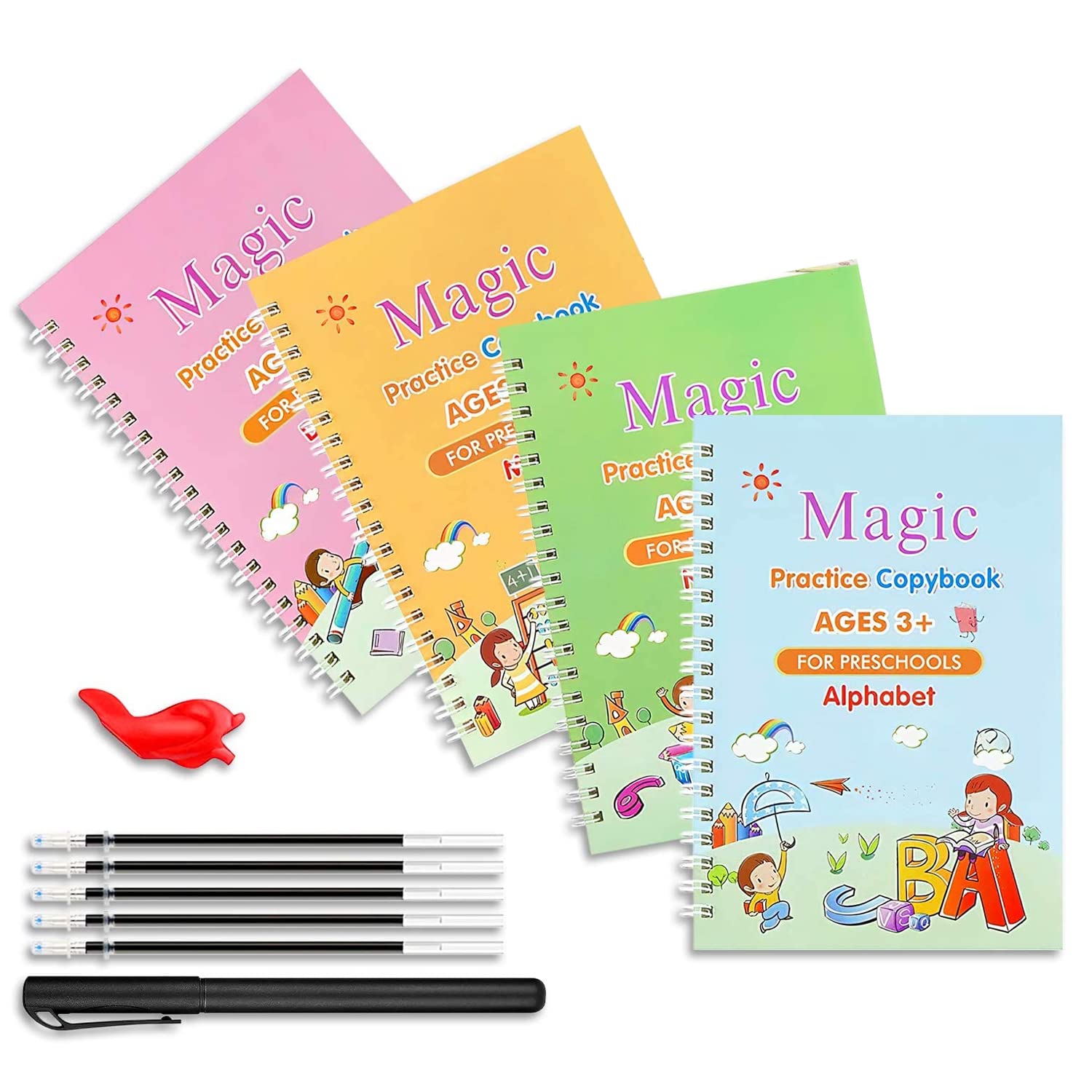 Magic Practice Copybook for Kids, Handwriting Workbook, Reusable Writing Practice Book for Preschools- Alphabet Number Math Drawing Groove Copybook | 4 Books with Pens, Refills