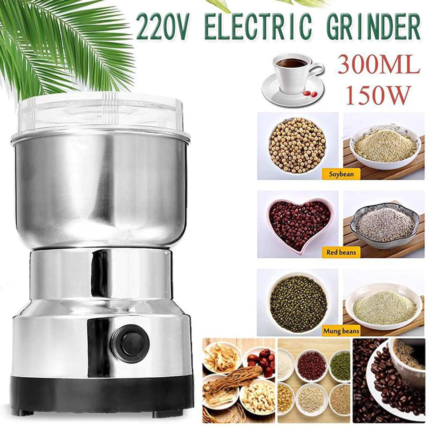 Mini Spice Coffee Grinder Electric Stainless Steel Fast Grinding Multifunction Smash Machine Dry Grain Mill Grinder for Spices Powder Seeds Rice Beans Seasonings