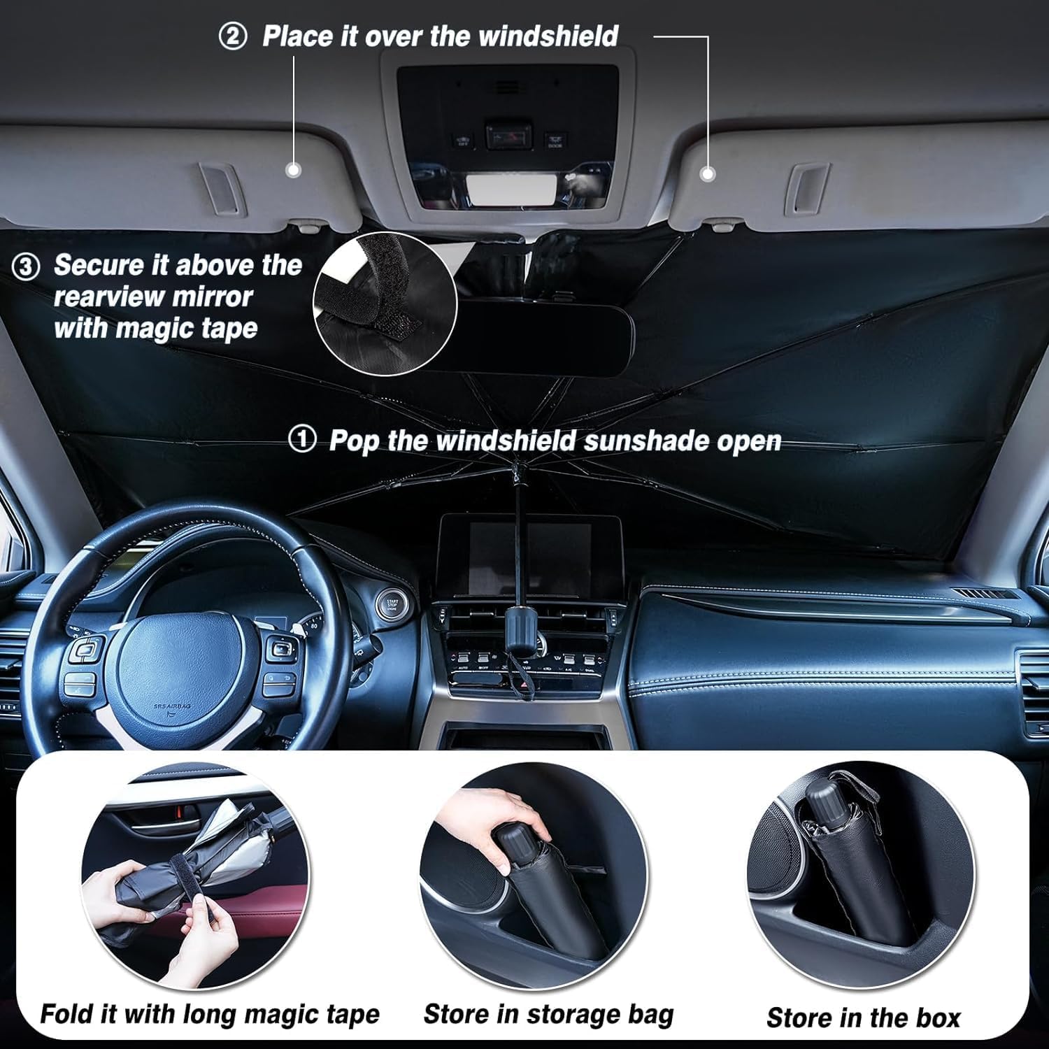 TLBS Car Sun Shade Windshield Cover, Umbrella Windshield Sun Shade for Car Front Window，Sun Protection & Heat Insulation Foldable Sun Shade，Full Cover Sun Shade for Most Vehicles