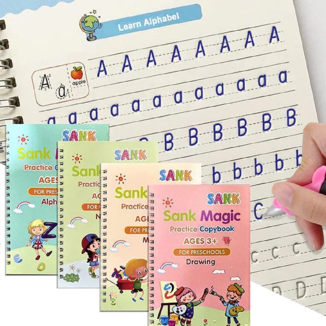 Magic Practice Copybook for Kids, Handwriting Workbook, Reusable Writing Practice Book for Preschools- Alphabet Number Math Drawing Groove Copybook | 4 Books with Pens, Refills