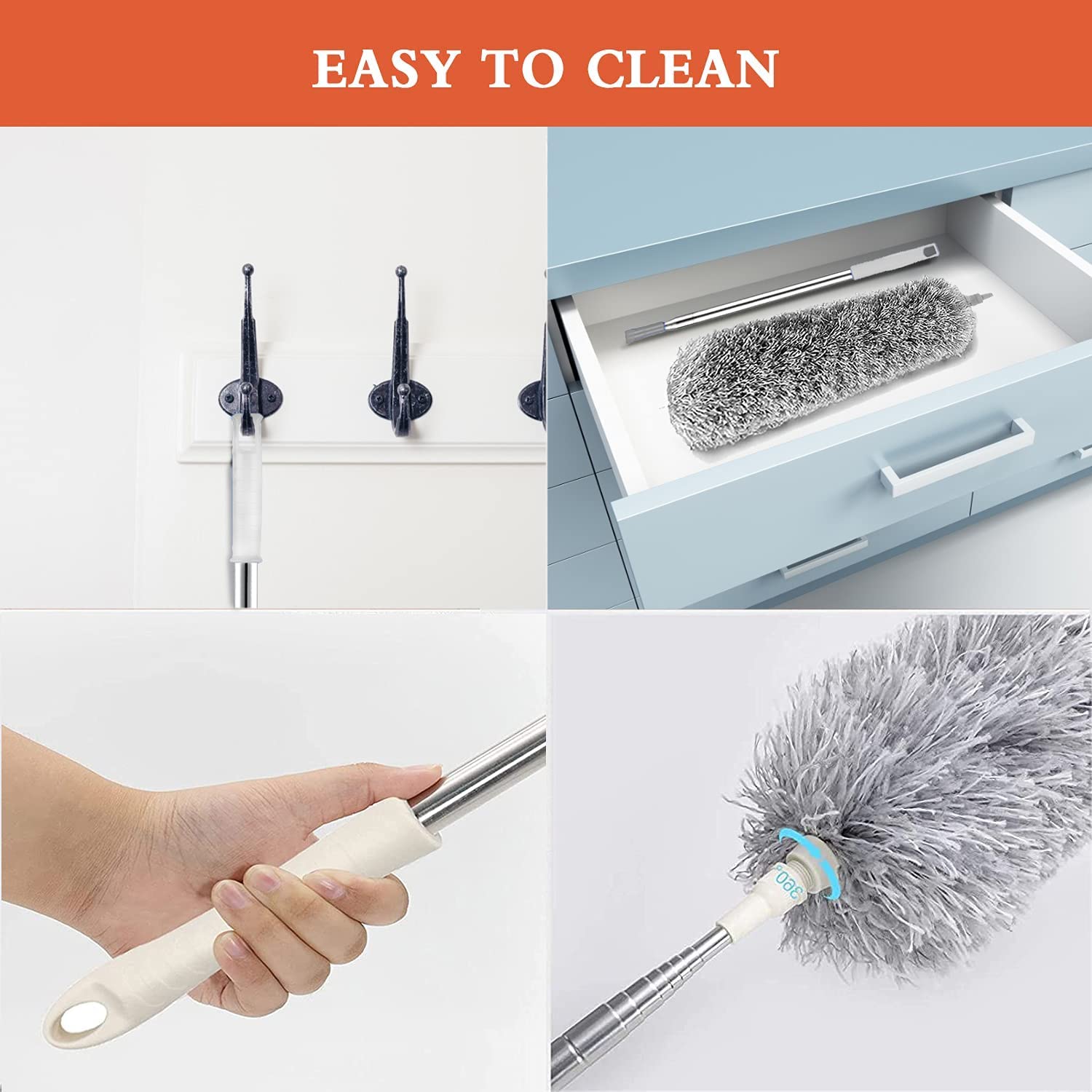 TLBS Fan Cleaning Mop Microfiber Duster with Extension Pole(Stainless Steel), Extra Long 100 inches, with Bendable Head, Extendable Duster for Cleaning High Ceiling Fan