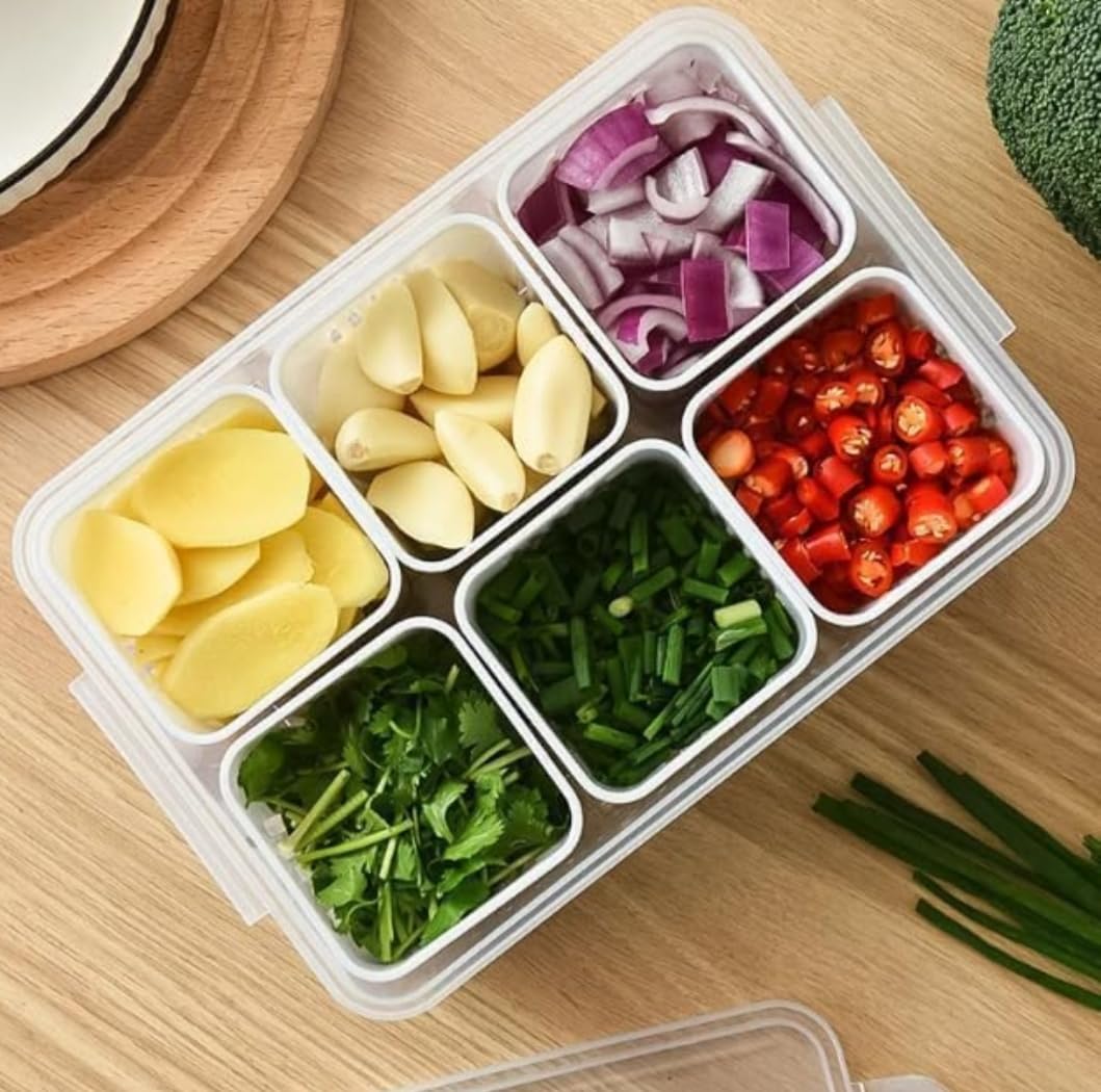 6-Compartment Refrigerator Storage Container with Lid, Stackable Produce Organiser Box for Vegetables and Fruits
