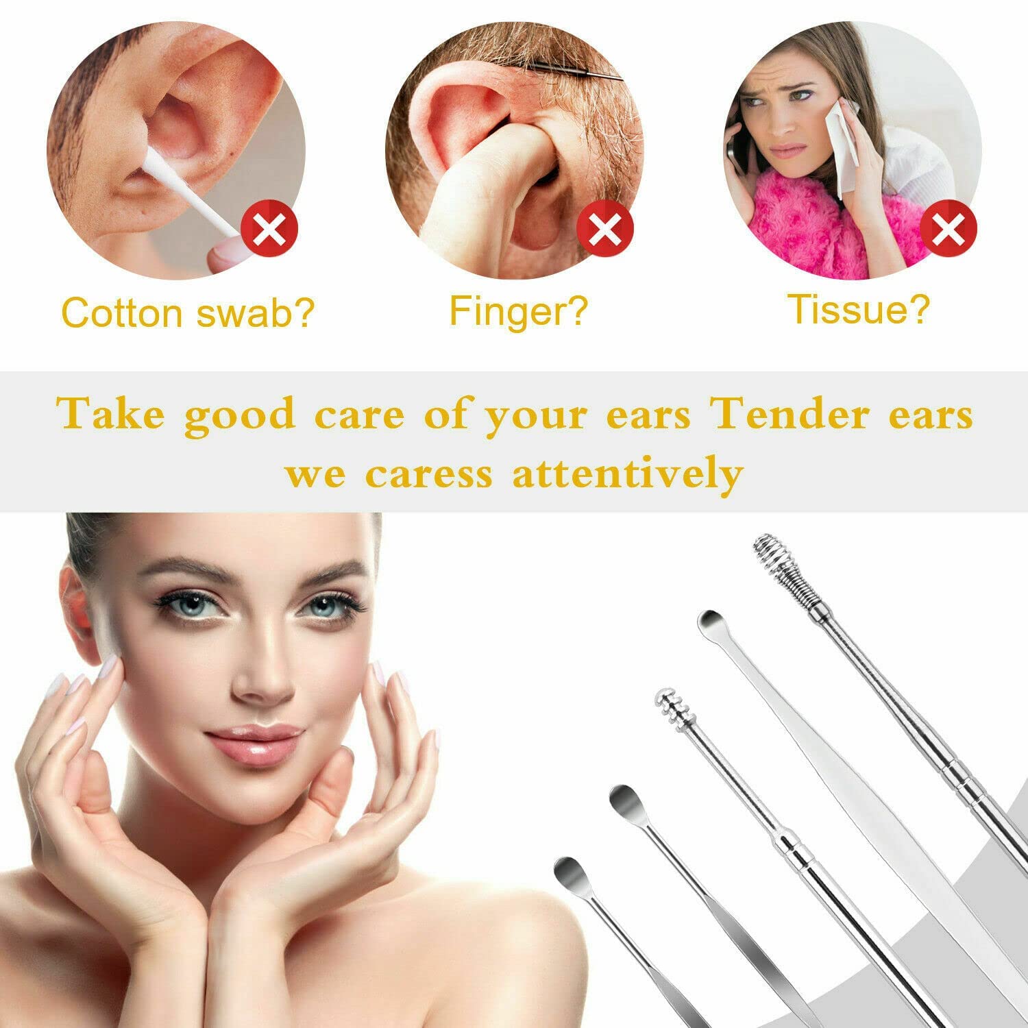 TLBS 6-in-1 Ear Wax Cleaner- Resuable Ear Cleaning Tools Leather Pouch - Ear Pick Wax Remover Tool Kit with Ear Curette Cleaner and Spring Ear Buds Cleaner Fit in Pocket Great for Traveling