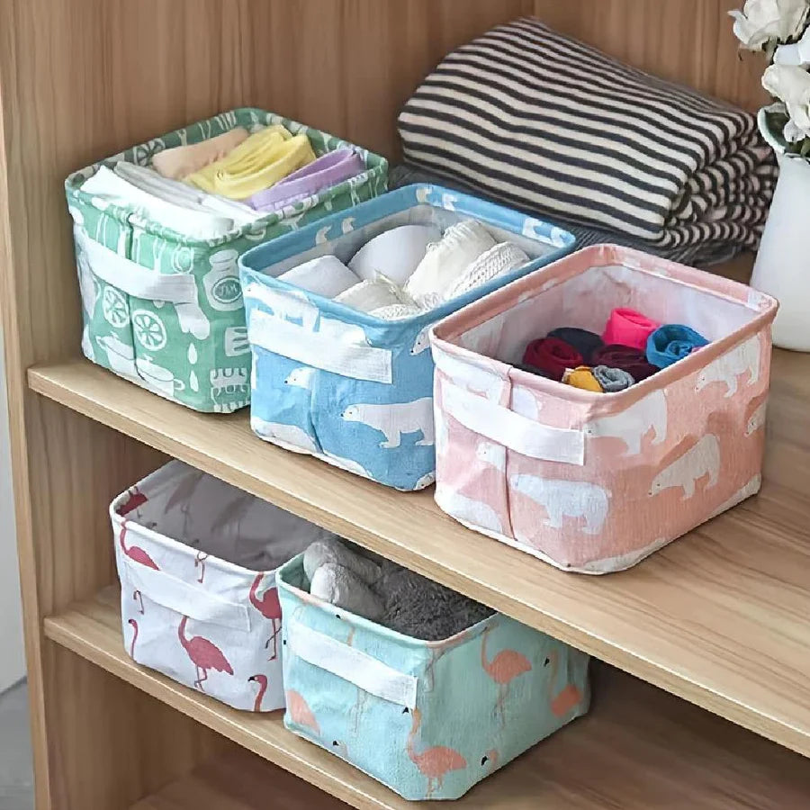 Canvas Fabric Foldable Mini Storage Basket - Small Collapsible Canvas Containers Organizers With Handle For Home-Multi Design 5 pcs