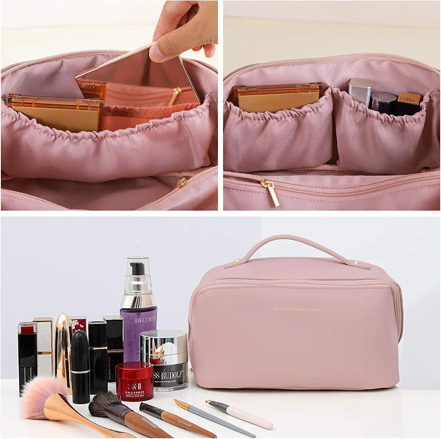 TLBS Cosmetic Travel Bag Large Capacity , Portable Leather Makeup Storage Bags with Handle and Divider, Wide Opening Cosmetic/Makeup Organizer