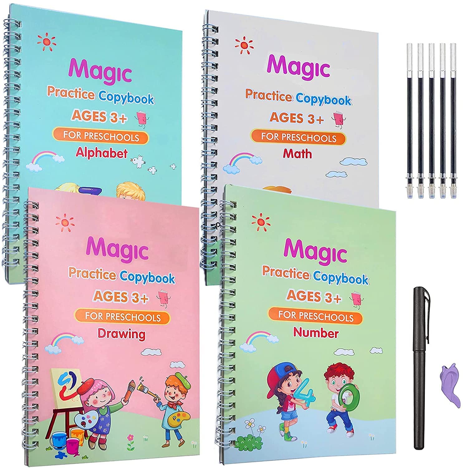 Magic Practice Copybook for Kids, Handwriting Workbook, Reusable Writing Practice Book for Preschools- Alphabet Number Math Drawing Groove Copybook | 4 Books with Pens, Refills