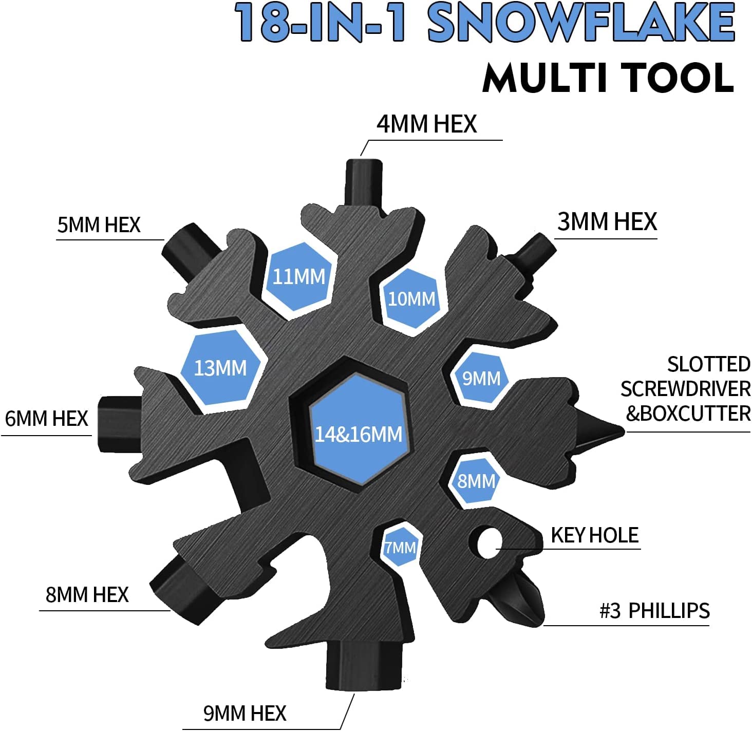 18 in 1 Stainless Steel Snowflake Multi Tool, Durable and Portable, Essential Key Chain, Pocket Bottle Opener, Pocket Wrench