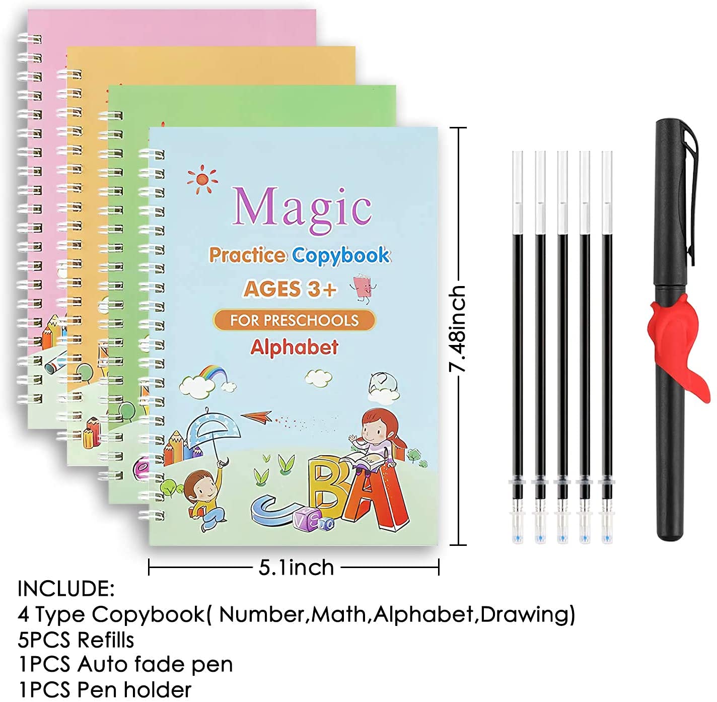 TLBS Magic Practice Copybook for Kids, Handwriting Workbook, Reusable Writing Practice Book for Preschools- Alphabet Number Math Drawing Groove Copybook | 4 Books with Pens, Refills