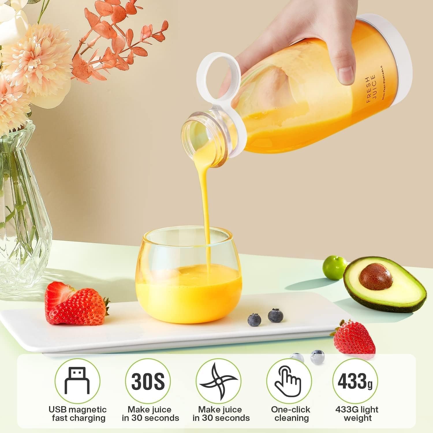 USB Rechargeable Mini Juicer Blender, Electric Juicer Bottle Blender Mixer Grinder, Personal Size Blender for Juices, Shakes and Smoothies, Fruit Juicer Machine