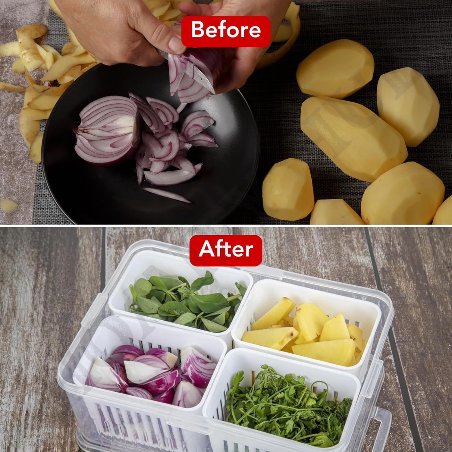 4-Grid Fridge Storage Organizer with Lid – Multi-Section Container for Spices, Vegetables, Fruits, Refrigerator Storage Box