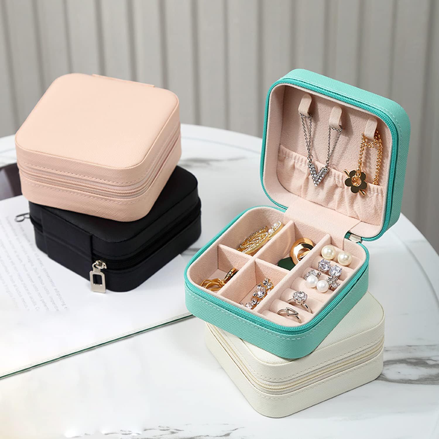 TLBS Leather Small Jewelry Box, Travel Portable Jewelry Case For Ring, Pendant, Earring, Necklace, Bracelet Organizer Storage Holder Boxes