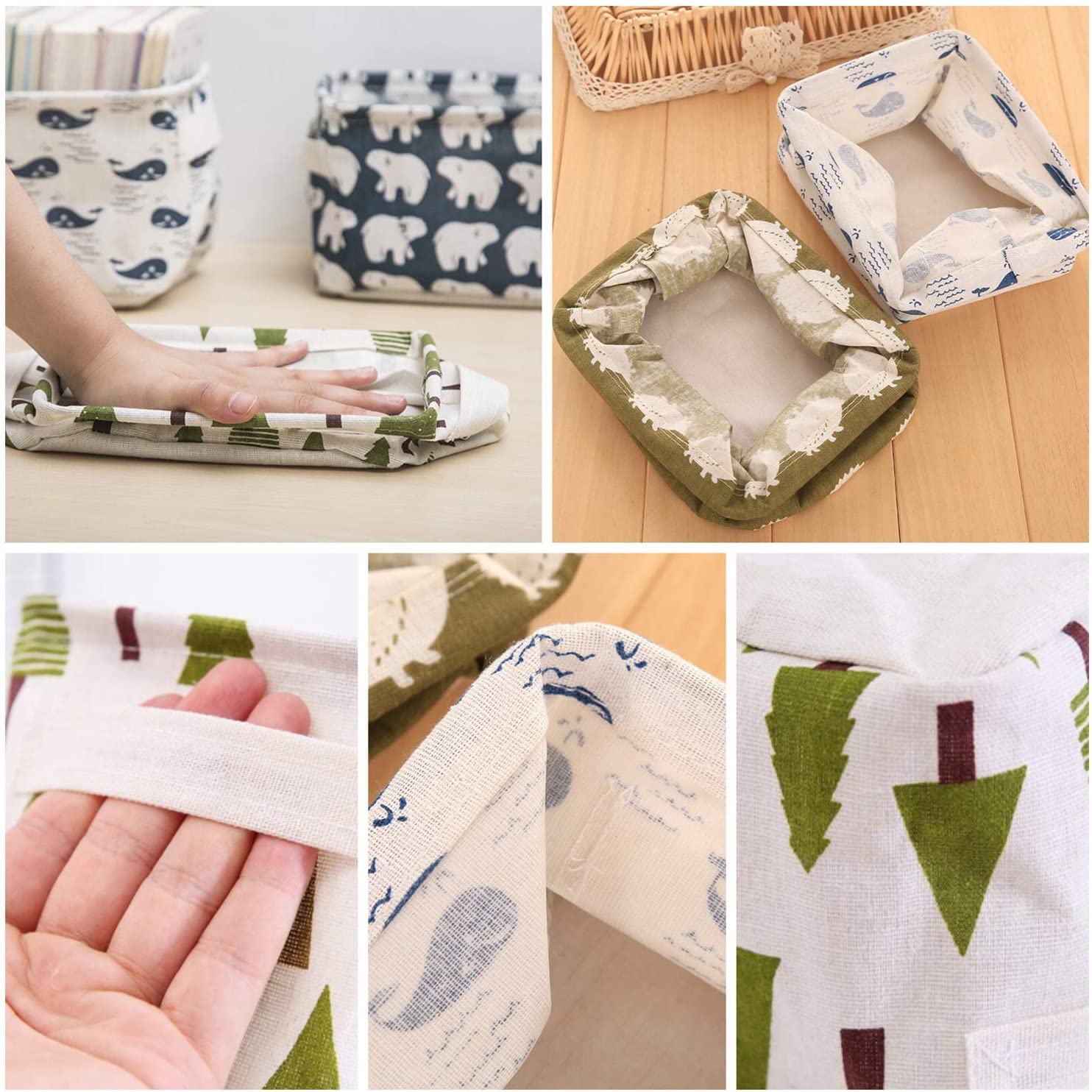 TLBS Canvas Fabric Foldable Mini Storage Basket - Small Collapsible Canvas Containers Organizers With Handle For Home-Multi Design 5 pcs