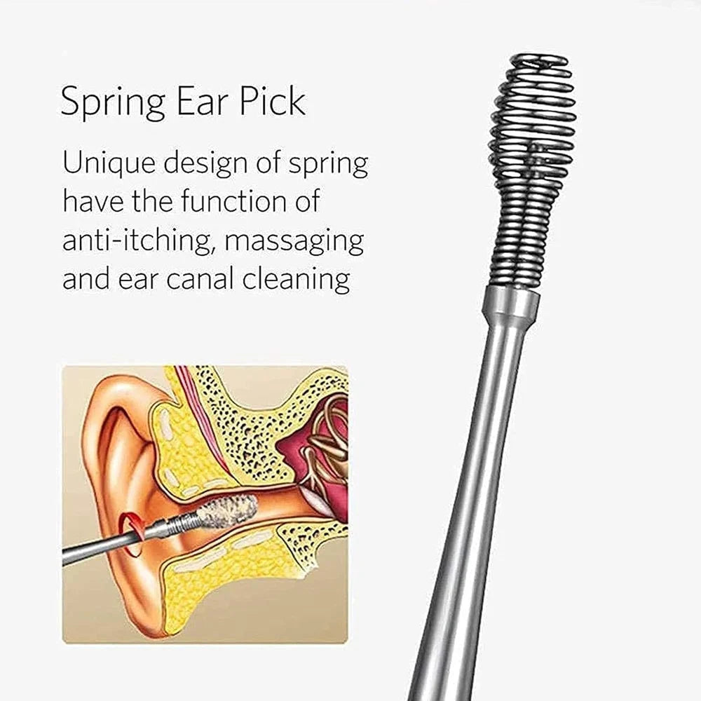 TLBS 6-in-1 Ear Wax Cleaner- Resuable Ear Cleaning Tools Leather Pouch - Ear Pick Wax Remover Tool Kit with Ear Curette Cleaner and Spring Ear Buds Cleaner Fit in Pocket Great for Traveling