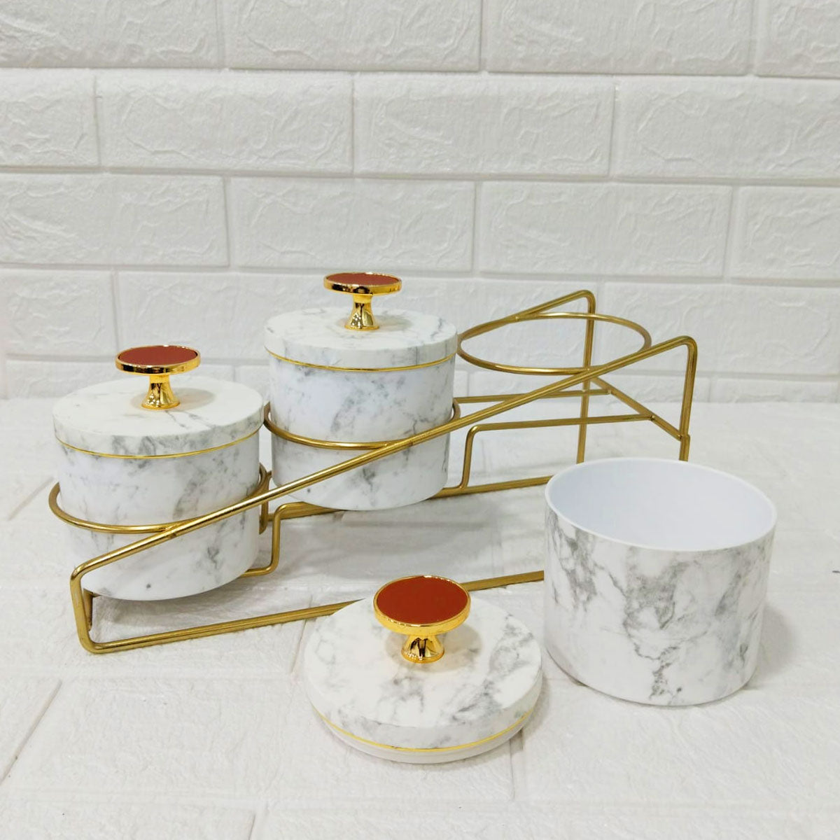 Rishabh The Palace Set 3 Multipurpose Premium Marble Finish Containers with Golden Stand