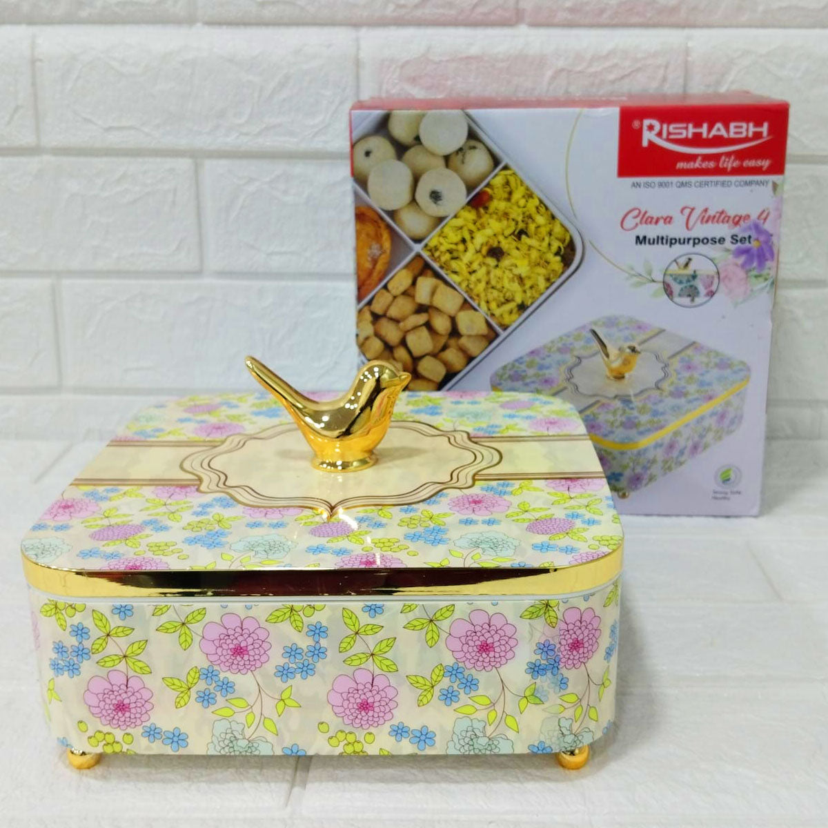 Rishabh Clara Vintage 4 Multipurpose Storage Set | Premium Floral Dry Fruit Box with Golden Bird Handle