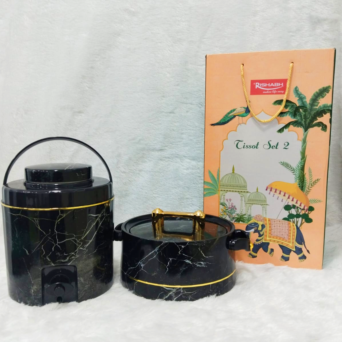 Rishabh Tissot Set 2 - Premium Black Marble Finish Water Jug & Hot Pot Combo