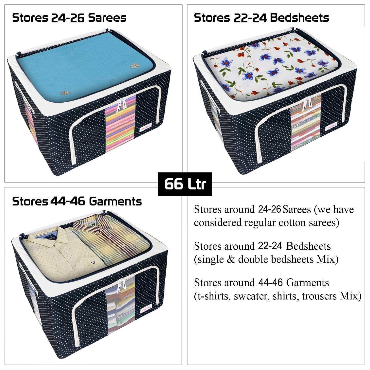 TLBS Storage Box for clothes, Cloth Storage box for wardrobe, cloth organisers storage box, saree boxes for storage Oxford Cloth material(66LTR.)
