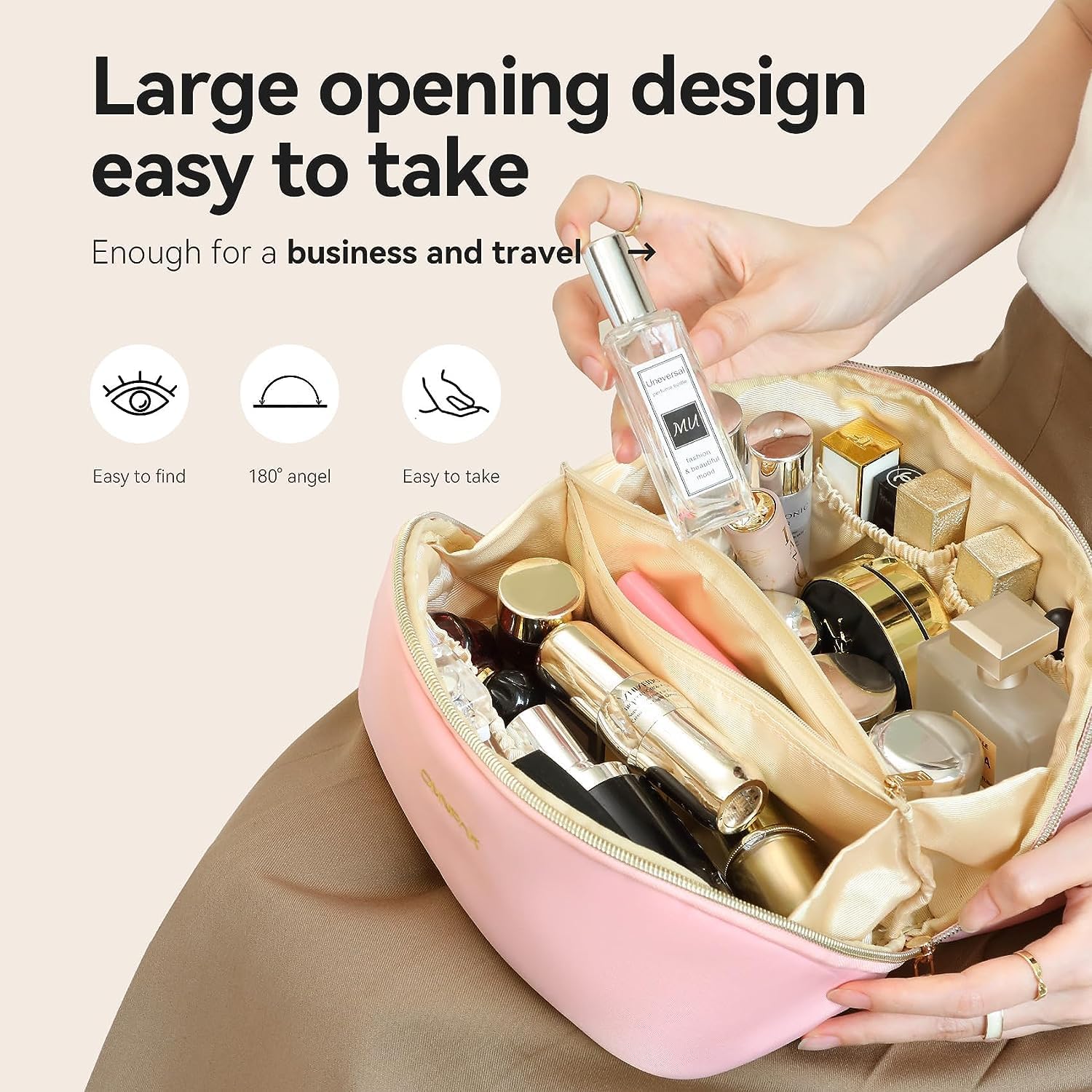 TLBS Cosmetic Travel Bag Large Capacity , Portable Leather Makeup Storage Bags with Handle and Divider, Wide Opening Cosmetic/Makeup Organizer