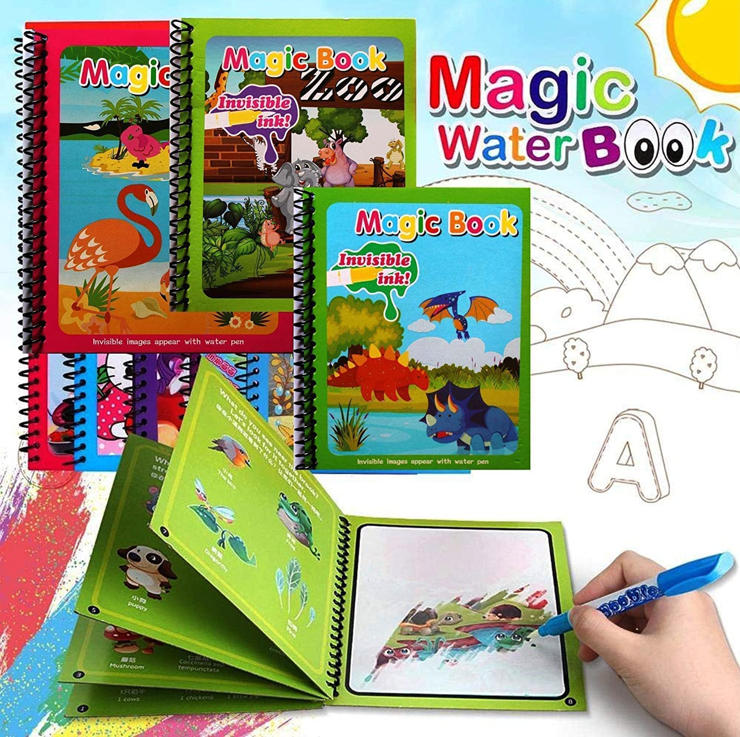 TLBS Magic Water Quick Dry Book for Water Coloring with Magic Pen Painting Board for Children Education Drawing Pad (Random Design & Assorted Color)
