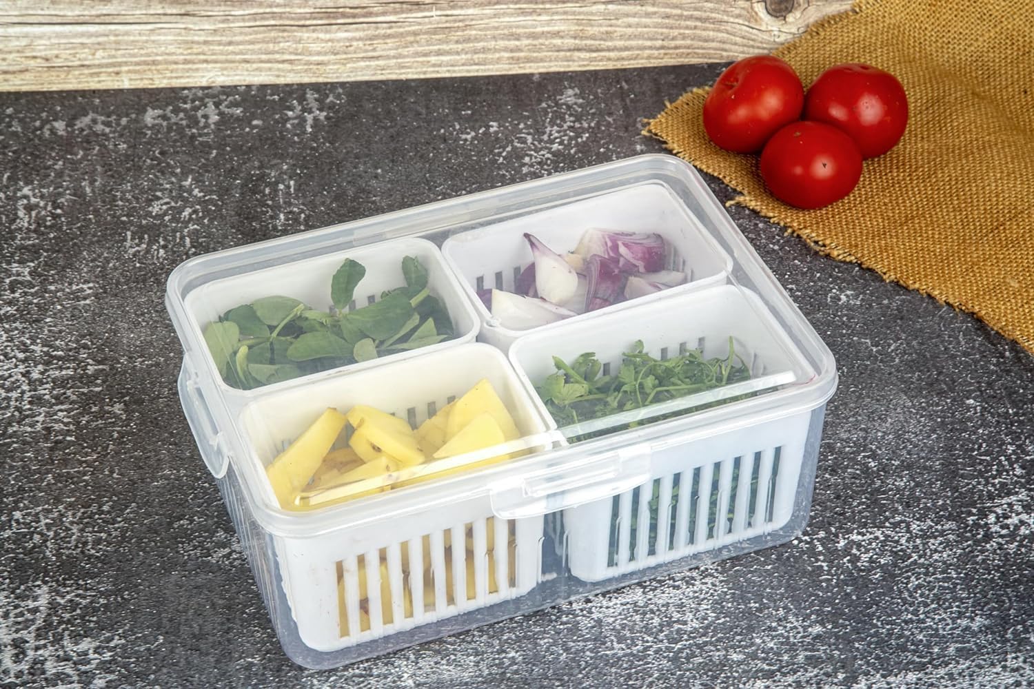4-Grid Fridge Storage Organizer with Lid – Multi-Section Container for Spices, Vegetables, Fruits, Refrigerator Storage Box