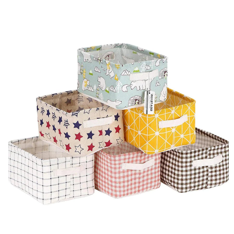 Canvas Fabric Foldable Mini Storage Basket - Small Collapsible Canvas Containers Organizers With Handle For Home-Multi Design 5 pcs