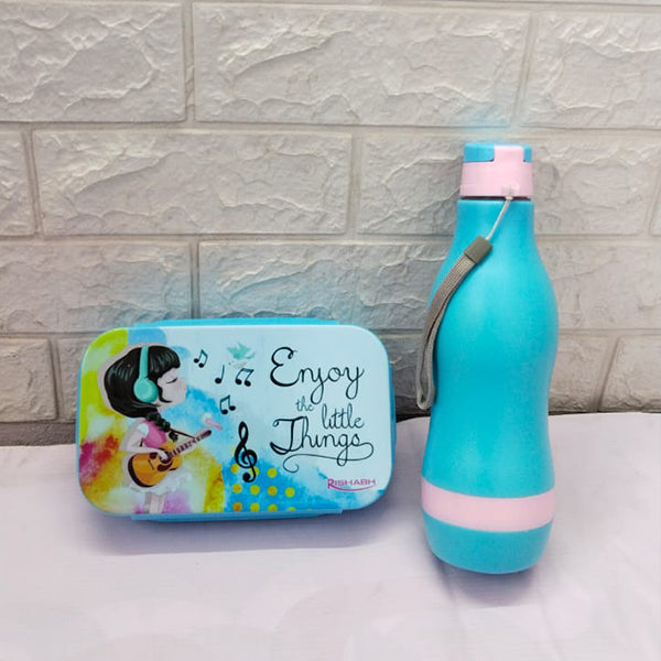 Rishabh Plastic Insulated Water Bottle 1 And Plastic Lunch Box Combo Leak Proof Tiffin Bottle For Kids School Office Colour Assorted Pack Of 2