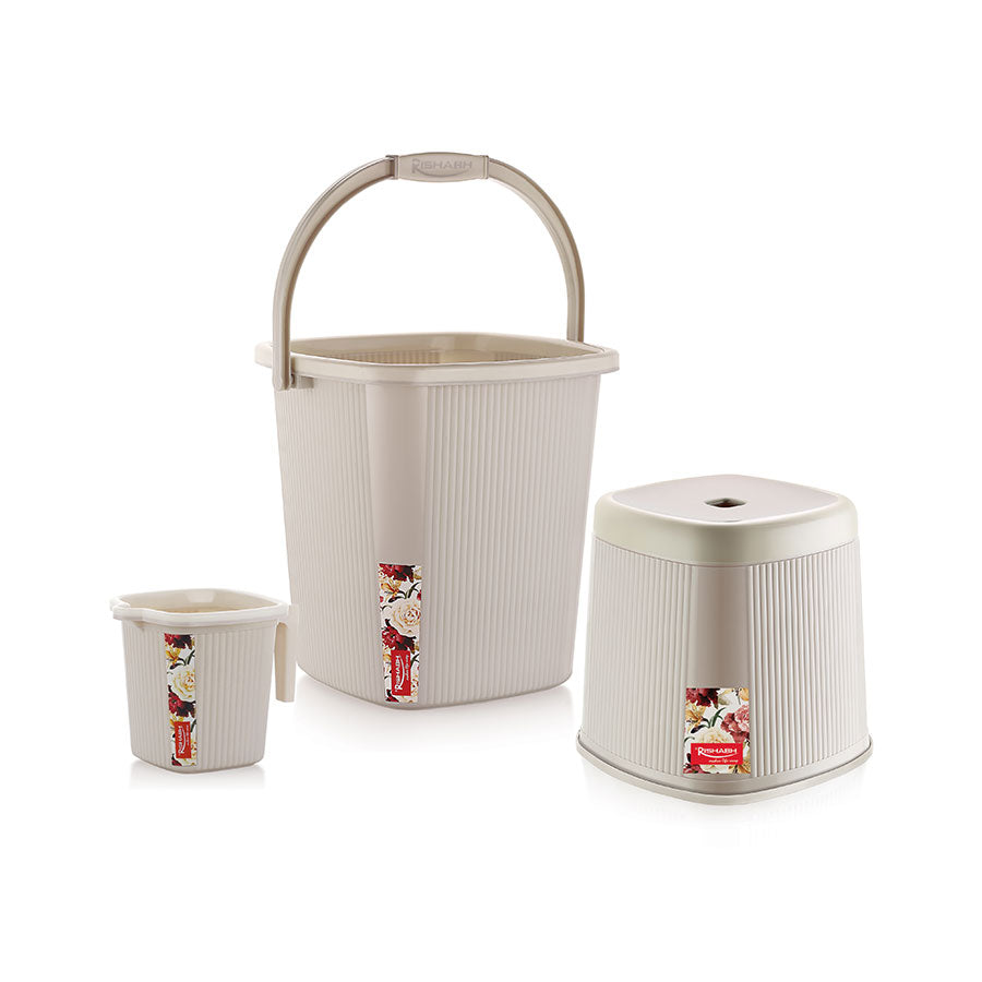 Rishabh Superline Small Superline Mug 1Ltr, Superline Bucket 20Ltr, Superline Stool Big Bathroom Set of 3Pcs Multicolour